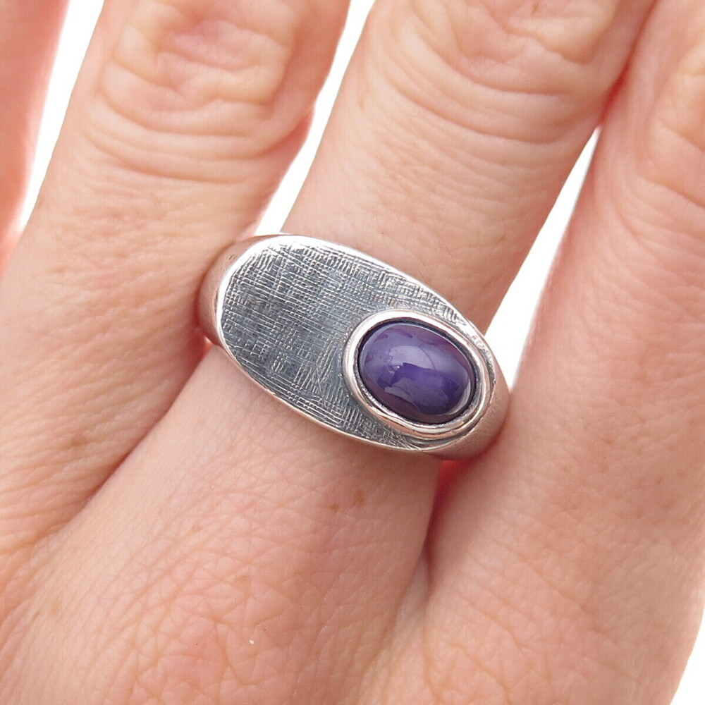 925 Sterling Silver Vintage Real Purple Sapphire Modernist Ring Size 8.25